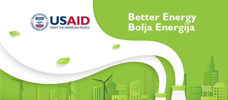 Vizual projekta "Bolja energija" prikazuje ilustraciju čistije, "bolje" energije u zelenim i belim elementima, dok je u gornjem levom uglu USAID-ov logo.