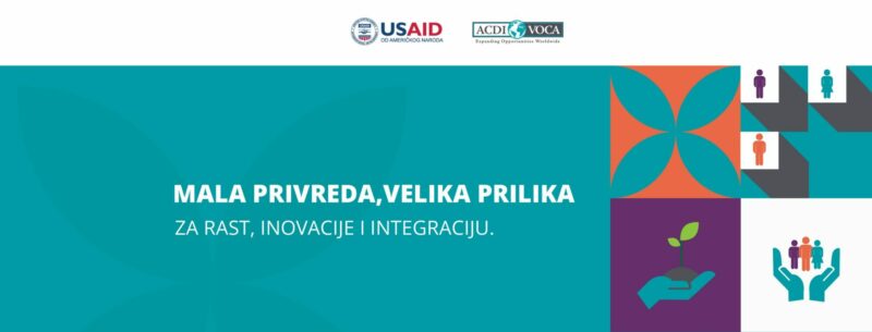 Vizual projekta "Velika mala privreda" u plavo-zelenoj i beloj boji, sa logotipima USAID-a i ACDI-VOCA gore desno.